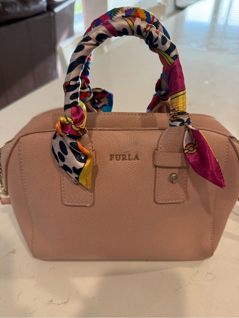 Furla Blush Pink Dome Satchel with Multi-Color Scarf-Wrapped Handles